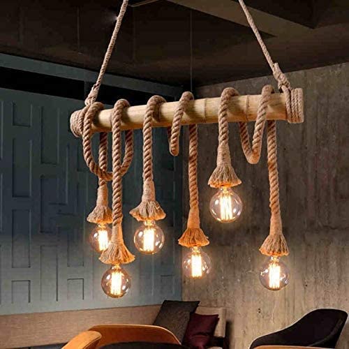Image of Hemp Rope Bamboo 6 Light Vintage Hanging Lamp Pendant Light Without Bulb, E27 Holder, Jute Color