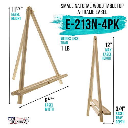 U.S. Art Supply 12" High Natural Wood Display Stand A-Frame Artist Easel (Pack of 4) - Adjustable Wooden Tripod Tabletop Holder Stand for Canvas, Painting Party, Kids Crafts, Photos, Pictures, Signs