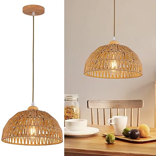 Boho Pendant Light Fixture Kitchen Chandelier Rattan Hanging Light Flush Mount Ceiling Light Boho Lamp Shade Wooden Base Bohemian Chandeliers for Hallway Bedroom Chandelier Dinning Light Fixture