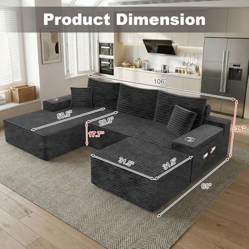 Image of Cloud Modular Sectional Couch with Ottoman, Comfort U Shaped Sofa Built-in Cup Holder & Storage Pocket for Living Room Bedroom, No Assembly Required (Dark Gray, Left Facing Chaise)