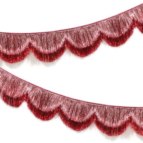 Pink Red Glitter Scalloped Hanging Layered Thick Metallic Foil Fringe Tassel Garland Sparkly Fringe Tinsel Streamer Banner for Birthday Baby Shower Wedding Bachelorette Party Decor Supplies