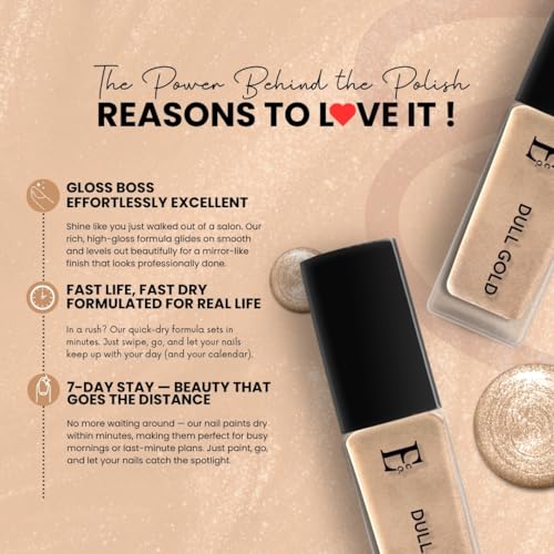 Image of Ellement Co Dull Gold Nail Paint for Women 10 ML | High Gloss Metallic Finish Nail Polish | Long Lasting, Quick Dry & Chip Resistant Formula | Smooth Application with Salon Like Shine | Vegan, Non-Toxic Nail Colour for Party, Wedding & Festive