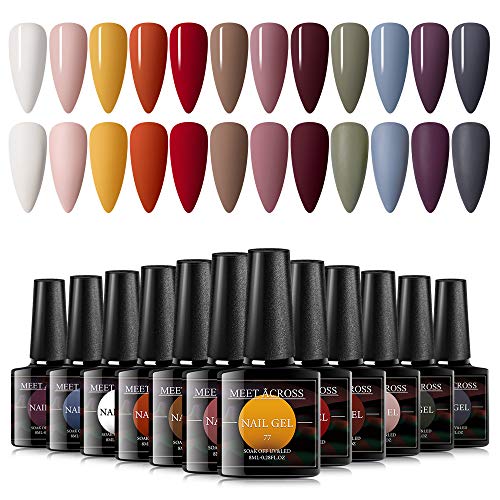 MEET ACROSS Gel Nail Polish Kit 12 Colors Collection Rose Red Yellow White Grey Series Gel Nail Polish Set Summer Nail Art Home Set, Soak Off UV LED Nail Gel Required,0.27/8 ML