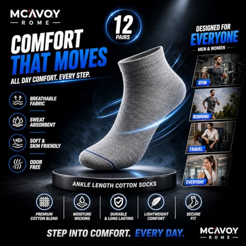 Image of MCAVOY ROME Ankle Length Cotton Socks Men & Women for Sports Unisex Multicolor Socks Ideal for Gym, Casual Wear & Running Odor Free,
