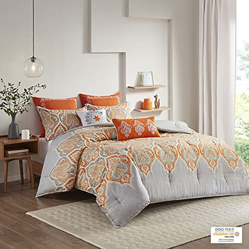 Madison Park Nisha Sateen Cotton Comforter Set, Breathable, Soft Cover, Trendy, All Season Down Alternative Cozy Bedding With Matching Shams, King/ California King, Orange 7 Piece #TOP1