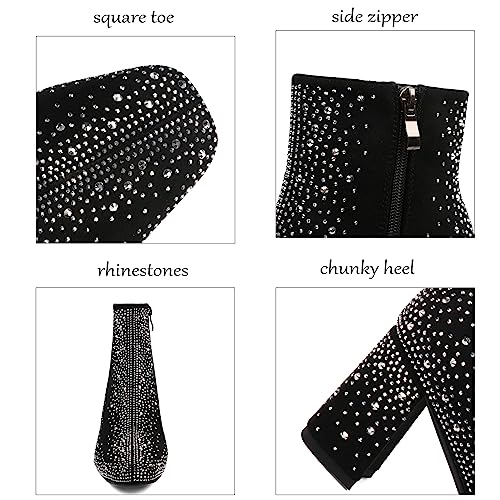 Elbslutt Women's Glitter Sparkly Booties Chunky Heels Ankle Boots Back Zipper Block Heeled Short Sequin Boots Wedding Bridal Party Dress Shoes4