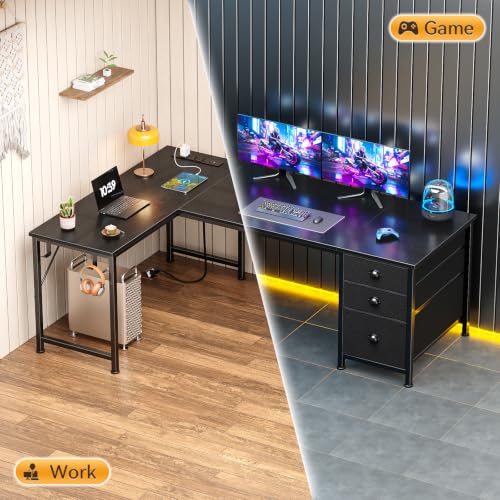 Image of Furologee 55 inch L Shaped Desk with Power Outlets & USB-C Port, Reversible Corner Computer Desk with File Drawers, Work Study Gaming Table for Home Office, Dorm, Black