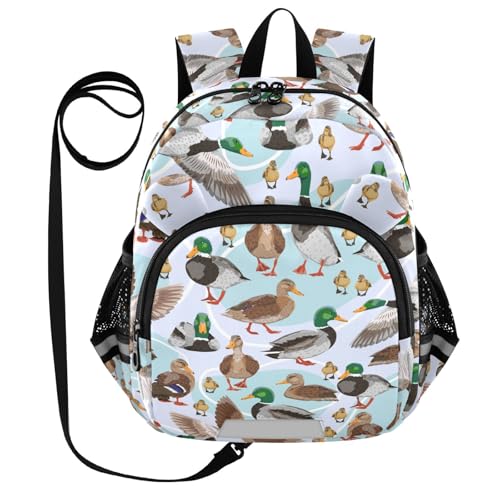 Mallard Ducks Preschool Backpack Green Colorful Daycare Bookbag School Backpack with Traction Rope Fashion Casual Cartoon School Travel Picnic Birthday for Kids 3-6