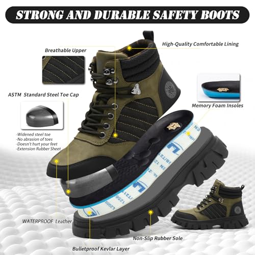 Image of KELODON Waterproof Steel Toe Boots For Men-6 Inch Comfortable Mens Safety Work Boots Indestructible Steel Toe Shoes Lightweight Non Slip Puncture Resistant Industrial Construction Boot