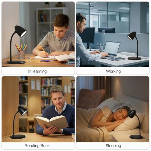 Image of LED Desk Lamp for Home Office, 3 Light Colours, Flexible Gooseneck Dimmable Reading Light for Bedside, Small Desk Lamp for College Dorm, Bedroom, Desk Lamp