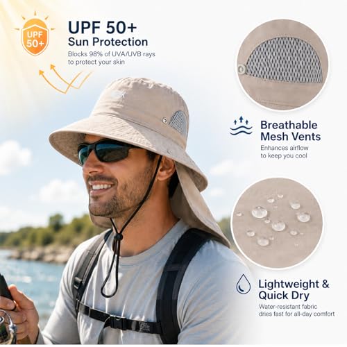 Image of Palmyth Fishing Hat with Detachable Neck Flap UPF 50+ Breathable Sun Hats | Sun Protection, Breathable Mesh, Water Resistant, Sweat Wicking, Snap Design, Adjustable Chin Strap & Size