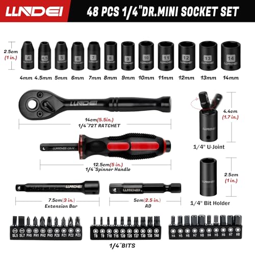 LLNDEI 48 Piece 1/4 Inch Mini Socket Ratchet Wrench Set, Metric Shallow Socket (4-14mm) 6-Point,with 72 Teeth Mini Ratcheting Wrench, Screwdriver Bit Set, Universal Joints and 3 Inch Extensions 2 LLNDEI 48 Piece 1/4 Inch Mini Socket Ratchet Wrench Set, Metric Shallow Socket (4-14mm) 6-Point,with 72 Teeth Mini Ratcheting Wrench, Screwdriver Bit Set, Universal Joints and 3 Inch Extensions - Image 2