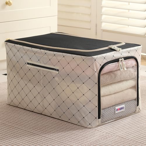 Image of HOKIPO Wardrobe Organiser for Storage of Clothes, 600D Oxford Fabric Storage Box, Ivory Noir - Extra Large Pack of 1 (AR-6490-BLK)