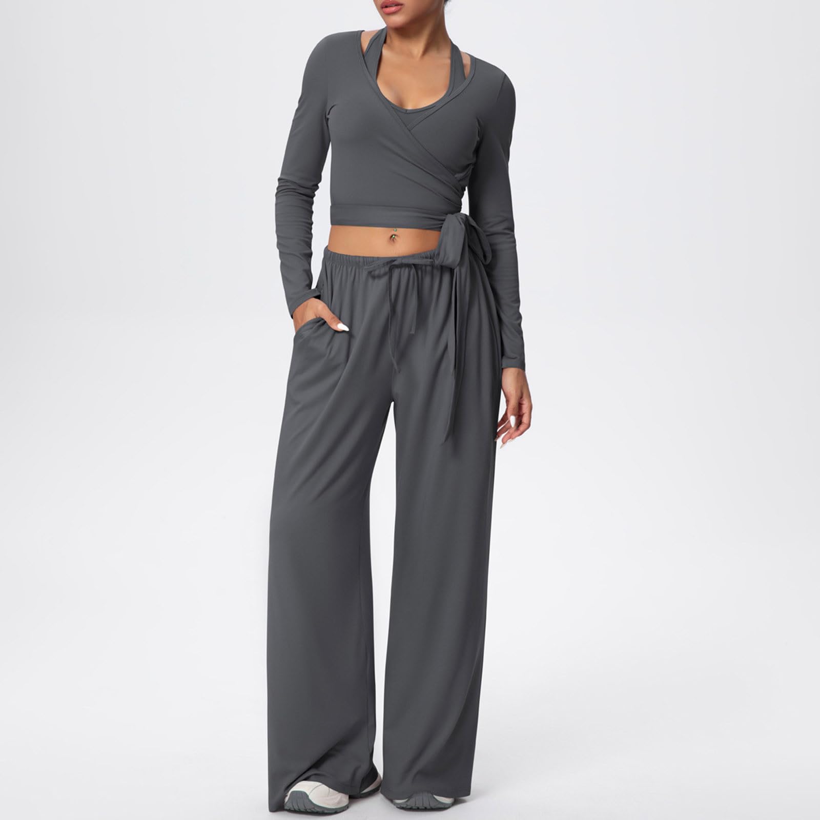 Set da palestra da donna a maniche lunghe con top corto con cintura senza maniche, pantaloni a lunghezza intera, casual, comodi, per yoga, corsa, allenamento, abbigliamento sportivo all'aperto