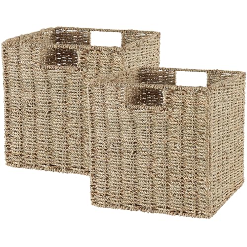 Vagusicc Cesta de almacenamiento, juego de 2 cestas de almacenamiento tejidas a mano, cesta de almacenamiento plegable de mimbre de 11 pulgadas para estantes, organizador de lavandería, cestas