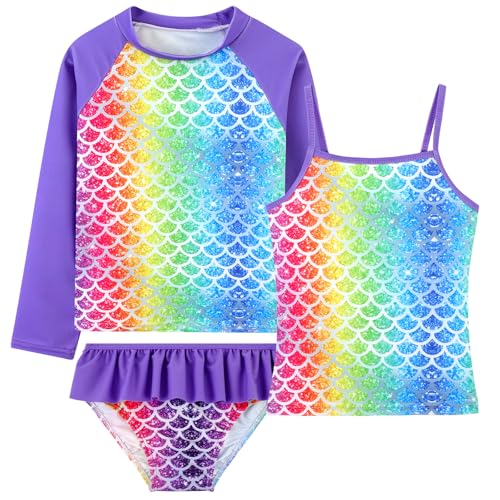 Image of DAXIANG Girls Rash Guard Swimsuit Long Sleeve Swim Shirt 3 Piece Tankini Bathing Suit with Bottom for Kid Toddler 3-12 Years