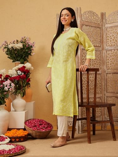 Image of Ada Women's Cotton Straight Fit Straight Hand Embroidered Lucknowi Chikankari Kurta Kurti A411165