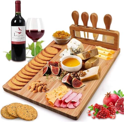 Dunekart Bamboo Cheese Board Set | 4 Stainless Steel Cheese Knives | Natural Charcuterie & Serving Platter for Cheese Meat & Crackers | Ideal Gift for Parties Weddings & Home Entertaining | 14x11