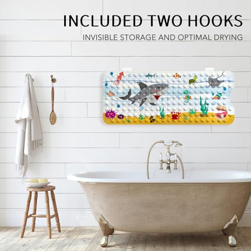 Image of PRATIQUE Kids Bath Mat for Tub Non Slip,40 X 16 Inch Extra Long Kids Bathtub Mat Ocean Bathtub Shower Mat Safety Anti Slip with Suction Cups and Drain Holes, Machine Washable(Shark)