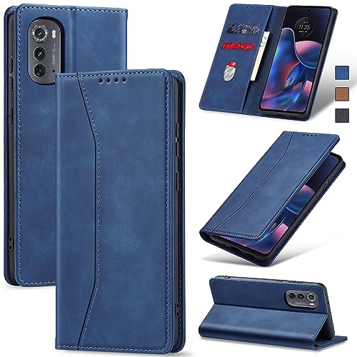Image of Jasonyu Flip Wallet Case for Motorola Edge (2022) Moto,Leather Magnetic Folio Cover with Card Holder,Kickstand - TPU Shockproof Durable Protective Phone Case,Blue