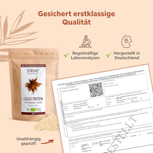 STRIVE CACAO PROTEIN | Vegan | 100% BIO | 500g Natur Eiweiß mit zertifiziertem Bio Kakao | Ohne Süßungsmittel & Aromen | Ohne Soja & Gluten | Mehrkomponenten 4K | Made in Germany DE-ÖKO-039