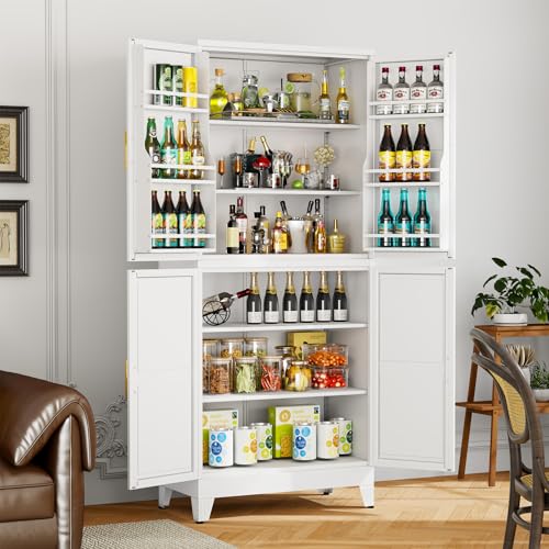 Image of White Pantry Storage Cabinet, 75 inch Kitchen Pantry with Doors and 3 Adjustable Shelves, Metal Freestanding Buffet Cupboards Sideboard, for Office, Home, Garage, School