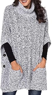 Yingkis Women's Poncho Sweater Turtle Cowl Neck Batwing Sleeve Pullover Sweaters with Pockets,Grey
