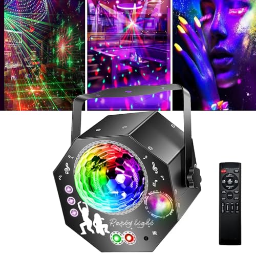 4-in-1 Discokugel mit Motor und Licht, Discolicht Partylicht 64 Muster, Musikgesteuert Disco Party Lampe mit Fernbedienung, RGB UV Stroboskop für Wohnungen Räume Bar Klub Outdoor Geburtstag Party