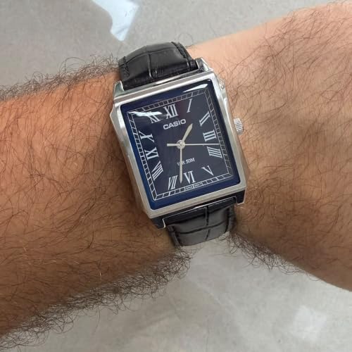 Image of Casio Men's Analog Watch MTP-B190L-2BV, Navy Blue Dial, Black Leather Strap, Square Case, Roman Numerals, WR 50M