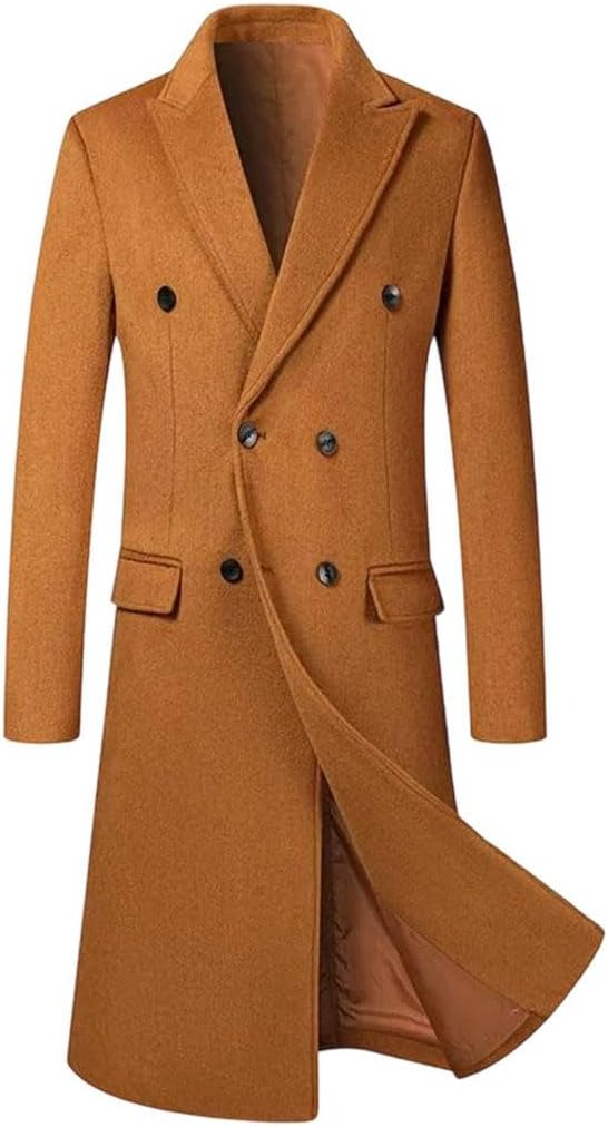 Men's Double Breasted Wool Blend Long Coat Winter England Style Business Casual Solid Color Trench Overcoat