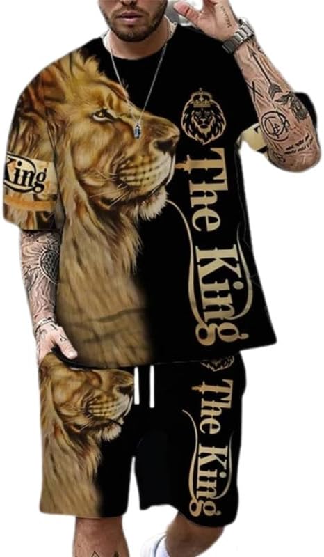 prigridche Wolf & Lion 3D Printed Casual Short Sleeve Crew Neck Suit for Men 2 Piece Shorts Tracksuit - Image 5