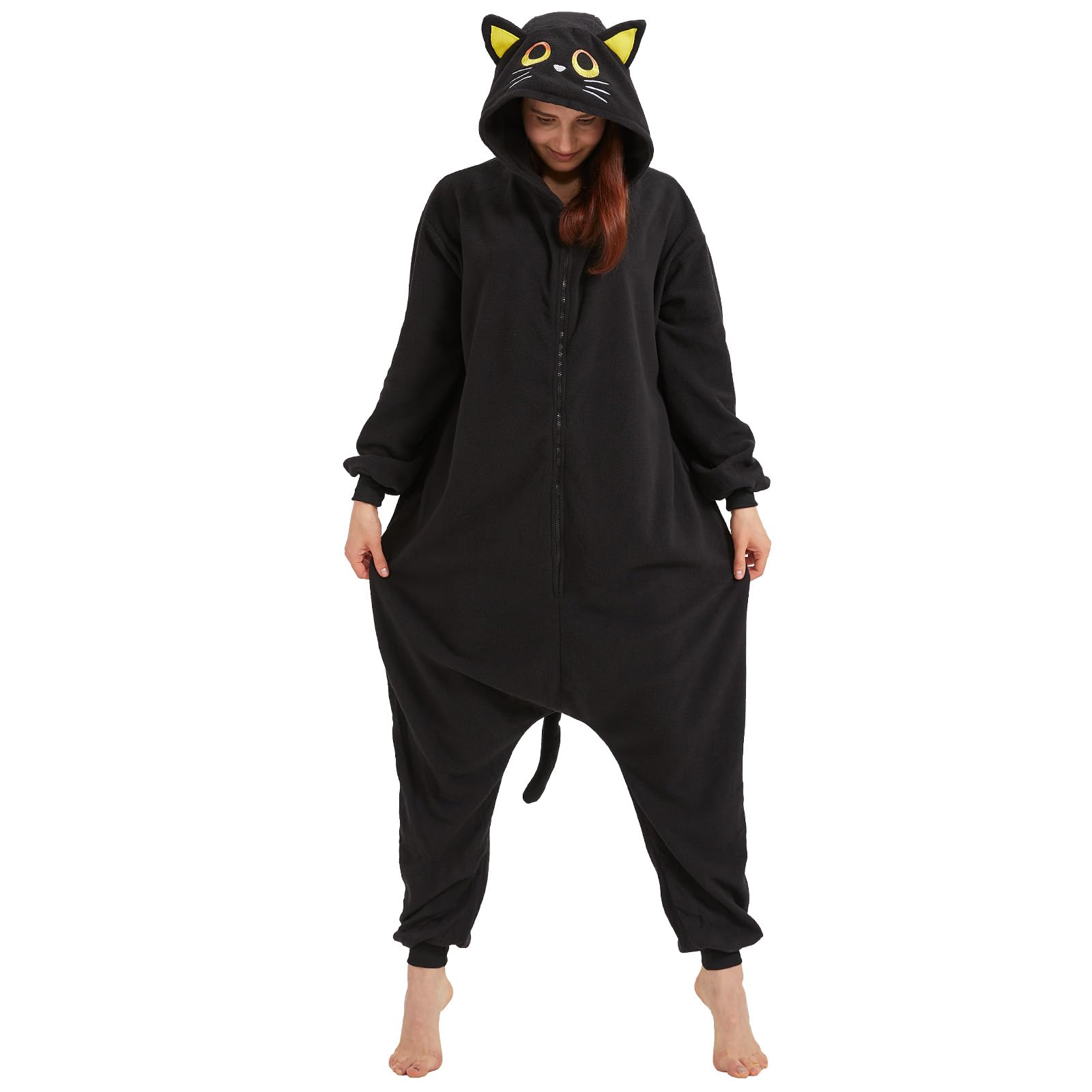 Pijamas de gato negro acogedor para adultos, disfraz de Halloween de una pieza, ropa de dormir de Navidad