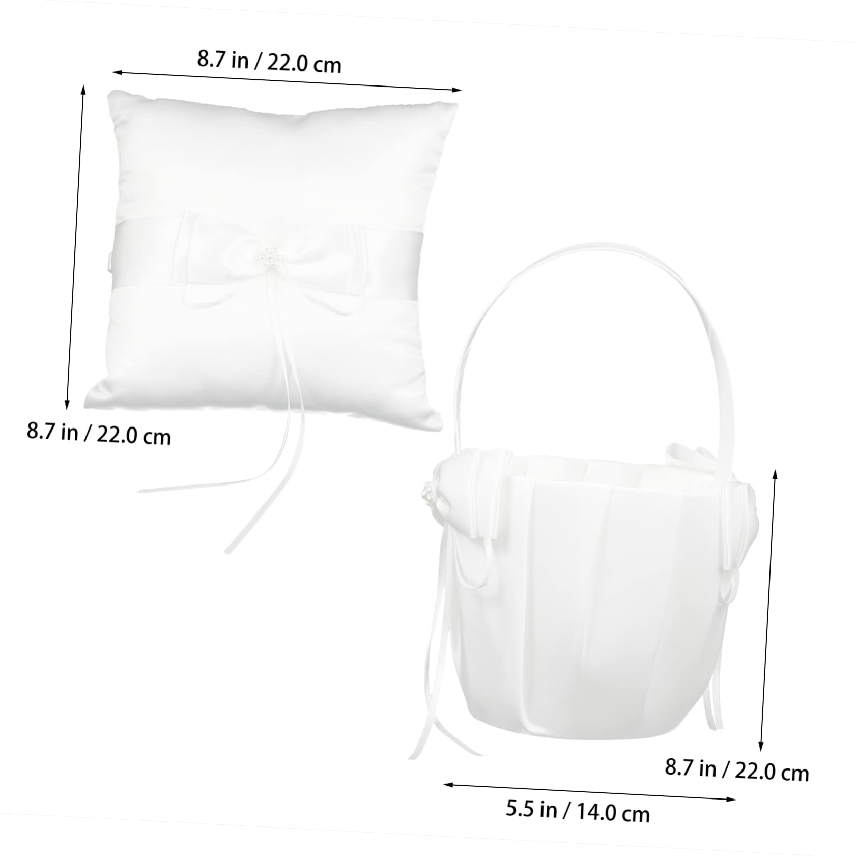 MAGICLULU 2 Stück Weißes Ringkissen mit Schleife und Strass Passender Blumenkorb aus Stoff für Hochzeit und Feier für Mädchen