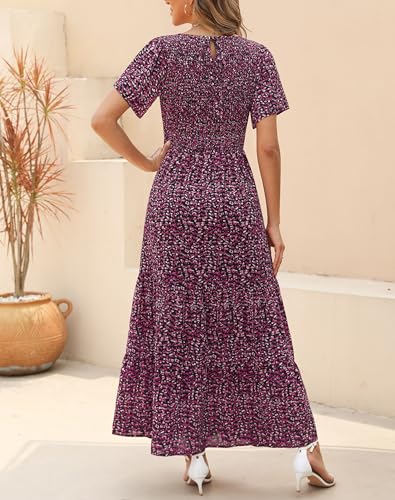 Image of Kranda Women 2025 Summer Fall Crewneck Short Sleeve Smocked Floral Maxi Dress
