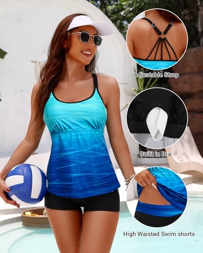 Image of Yonique Two Piece Tankini Swimsuits for Women with Shorts Tummy Control Bathing Suits Athletic Swimwear