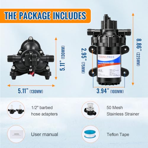 Image of YOUNGTREE 12V RV Fresh Water Pressure Pump 3.5 GPM 45PSI On Demand 12Volt Water Diaphragm Pump with Pressure Switch for RV Boat Marine Sprayer Camper Shower