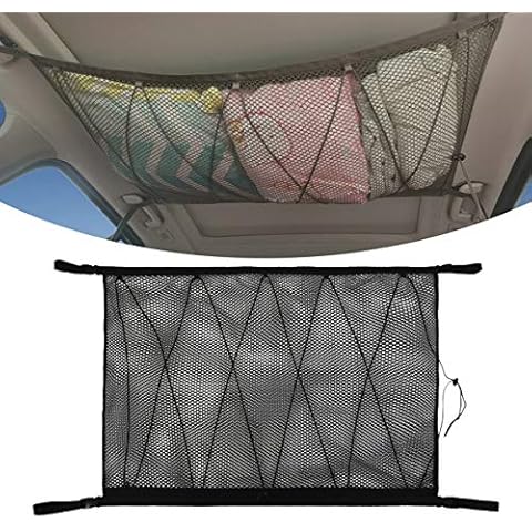 Car Ceiling Cargo Net, Car Interior Roof Storage Net with Zipper, Universal Car Trunk Storage Pocket Organizer Sundries Bag for Jeep Van SUV, Breathable Mesh Bag (Black Double Mesh with Drawstring) Cover