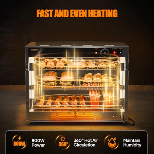 Image of ROVSUN Food Warmer Pizza Warmer Countertop, 3-Tier Commerical Food Warmer Display with LED Lighting Removable Shelves Glass Door, Pretzel Warmer for Buffet Restaurant Cafe, 110V 800W
