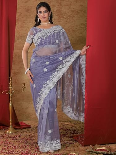 Image of Satrani Women's Net Embroidery Saree with Unstitched Blouse Piece