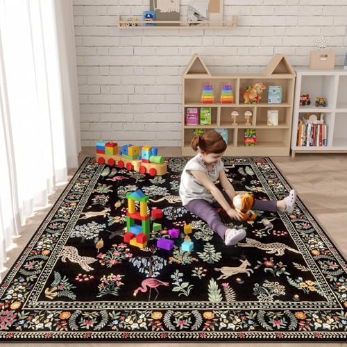 Living Room Rug 5x7 Rug Machine Washable Boho Area Rug Non Slip Floral Animal Vintage Low Pile Large Rugs for Living Room, Bedroom, Farmhouse, Dining Room, Kids Playroom (Black)