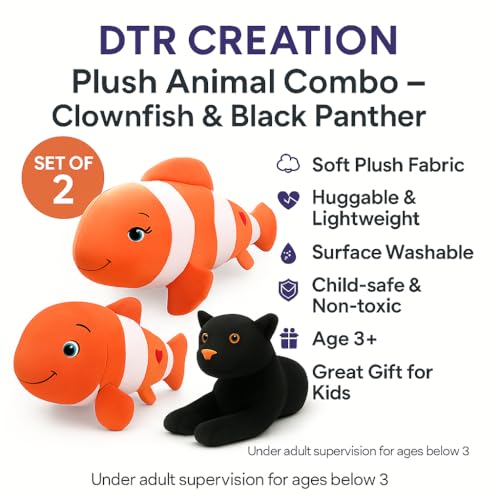 Image of Cute Fish & Panther Plush Toy Combo - 30 cm Soft Stuffed Animals for Kids | Super Soft & Huggable for Boys & Girls (Pack of 2)