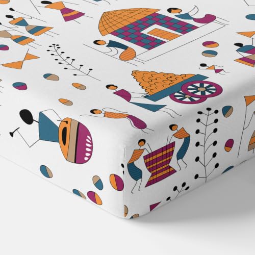 Image of LORETO - A QUALITY LINEN BRAND 186 TC 100% Pure Cotton King Size Fitted Bedsheet with 2 Pillow Covers for 78 x 72 Inch Mattress, All-Around Elastic, 8 Inch Deep Pocket, Tribal Motifs