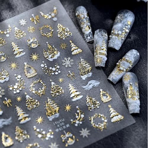 Image of Christmas Nail Art Stickers Xmas Tree Nail Decals Gold Nail Stickers for Nails Art Garland Snowflakes Nails Decals 5D Embossed Self Adhesive Nails Sticker for Women Manicure DIY Decoration Accessories