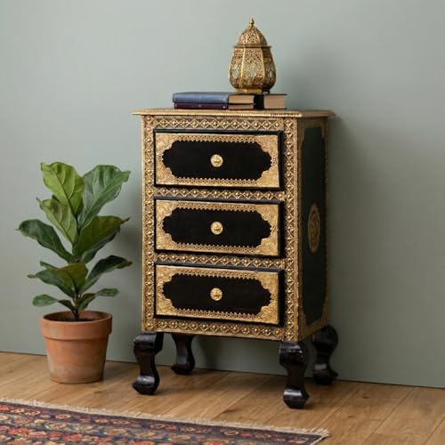 Image of Wooden Bedside Table for Bedroom with Drawers | Solid Wood Bed Side Table with Drawers | Side Table for Living Room | Traditional Rajasthani Art Chest of Drawer for Home (Dark Black)