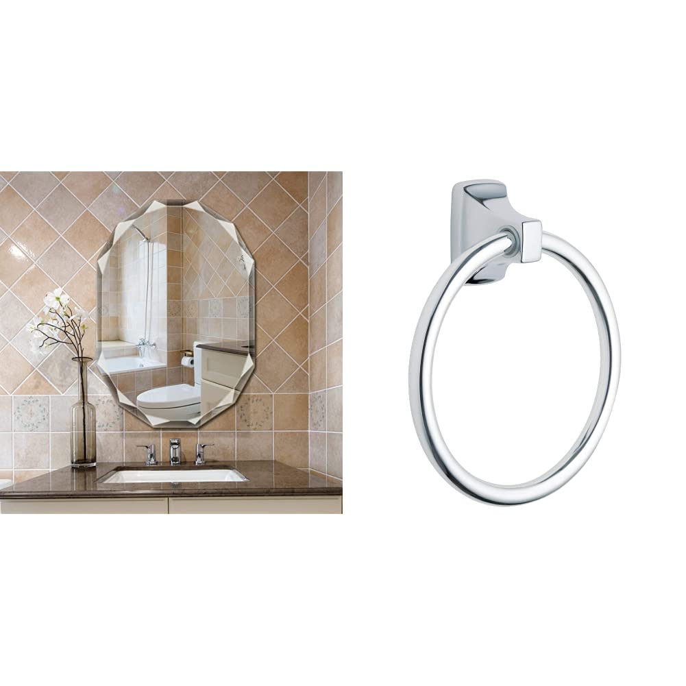 SNUGACE Single Beveled Edge Frameless Wall Mount Bathroom Vanity Mirror, 30” X 36” & Moen P5860 Donnor Collection 6.25-Inch Diameter Contemporary Bathroom Hand Towel Ring, Chrome