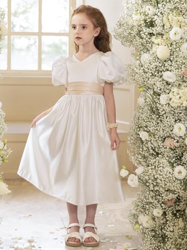 MCieloLuna Puffy Short Sleeve Satin Flower Girl Dresses Ankle Length A-Line Wedding Pageant Birthday Tutu Party Gowns2