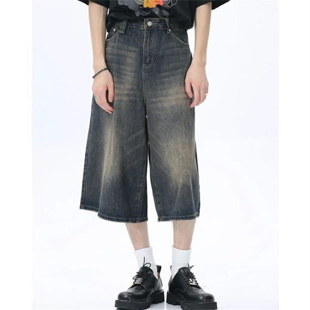Damskie dżinsy retro unisex styl szerokie nogawki wysoka talia luźne krótkie spodenki, Jasnoniebieski, L