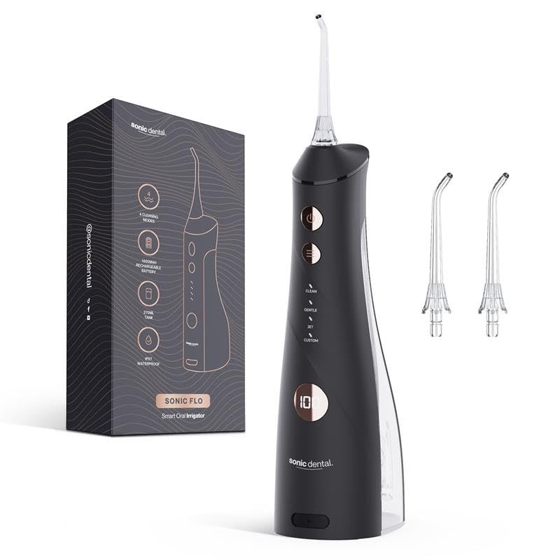 Sonic Flo - Irrigador dental inalámbrico para dientes, encías, aparatos ortopédicos, cuidado dental - IPX7 impermeable, tanque desmontable de 270 ml, pantalla inteligente, batería de 40 días, 4 modos