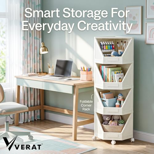 Image of VERAT 4 Tier Plastic Corner Storage Cabinet Foldable Cupboard with Layer Locking System Multipurpose Storage Organizer Rack for Clothes Books Toys and Home Decor White (Off White)