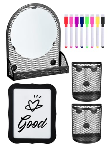 Image of ANPHSIN 12Pcs Metal Magnetic Locker Accessories Decor for Girls /Boys, Black | With Mirror, Whiteboard, 2 Pen Holders, 8 Markers, Locker Decorations Organizer Kit, Back to School Stuff Supplies